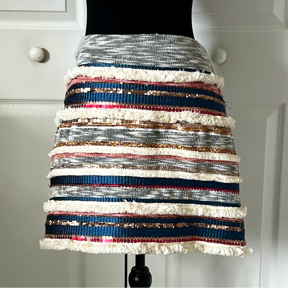 A line embellished, sequined, tassel holiday party mini skirt MOULINETTE SOEURS
